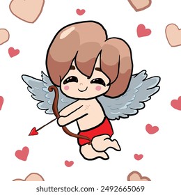 Cupido lindo con corazón, flecha y arco, rodeado de alas angelicales, en una ilustración temática de San Valentín, patrón sin fisuras.