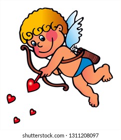 Cute cupid with heart arrow. Valentine angel with heart, cupid love amur. Colored vector for card or gift. 