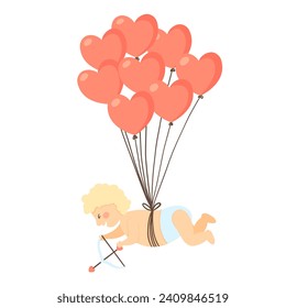 Cute Cupido con globos de corazón para el día de San Valentín, 14 de febrero. Ilustraciones vectoriales para el día de San Valentín, pegatinas, tarjetas de felicitación, flecha Cupids, amor, imagen romántica