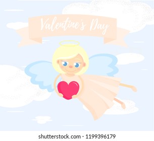 Cute cupid with heart in the sky between the cloud. For a valentine or a card for Valentines Day with text