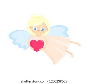 Cute cupid with heart. For a valentine or a card for Valentines Day. Nice blond girl fly