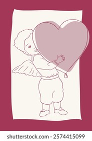 Cute Cupid with heart Vector poster design for printing. Valentines day line art illustration. Festive Greeting card.
