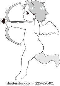 Cute cupid holding a bow and arrow black and white