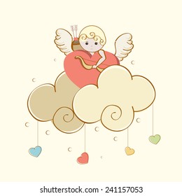 Cute cupid holding bow and heart on cloud and hanging colorful hearts for Happy Valentine's Day and other occasion celebration.