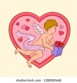 Cute cupid holding a gift