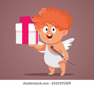 Cute Cupid Holding a Gift Box Vector Cartoon illustration. Happy cherub angel delivering a present in the name of love  