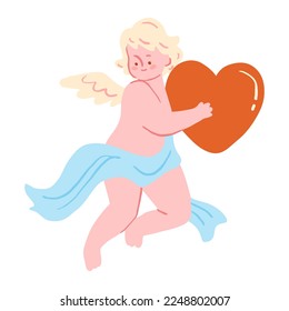 Cute cupid holding a heart. Flying angel or cherub in trendy retro style. Isolated elements on white background.