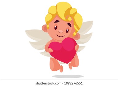 Cute cupid is holding a heart in hand and flying. Vector graphic illustration. Individually on a white background.