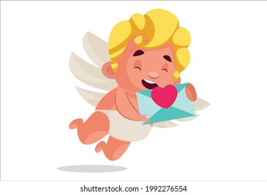 Cute cupid is holding a love letter in hand. Vector graphic illustration. Individually on a white background.