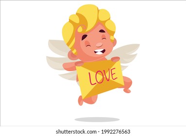 Cute cupid is holding a love letter in hand. Vector graphic illustration. Individually on a white background.