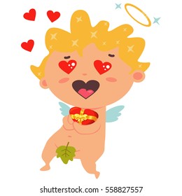 Cute cupid holding a red box of chocolates with a yellow bow and little hearts flying around. The symbol of Valentine's Day. Cartoon vector illustration on a white background.