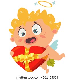 Cute cupid holding a red box of chocolates in form of heart with a yellow bow. The symbol of Valentine's Day. Cartoon vector illustration on a white background.