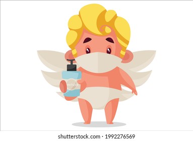 Cute cupid is holding sanitizer in hand. Vector graphic illustration. Individually on a white background.