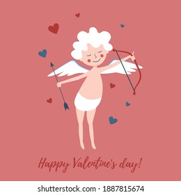 Cute cupid holds a bow and arrow in his hands. Illustration for Valentine's Day.