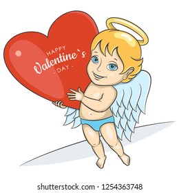 Cute Cupid holds a heart on Saint Valentine's day