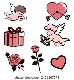 Cute cupid icon set. love, wedding and valentines symbol. Cupid with bow and arrow. isolated on white background svg