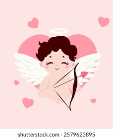 A cute Cupid illustration with a bow and arrow surrounded by hearts