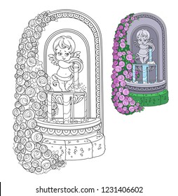 Cute cupid with a jug statue in fountain twined with roses color and outlined for coloring