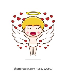 Cute Cupid with love. Vector illustration of chibi character isolated on white background.