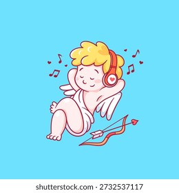 Netter Amor, der sich hinlegt und Musik hört. Lustiger Charakter für Grußkarte, Banner, Poster, Webdesign. Flacher Cartoon-Stil. Vektorgrafik.
