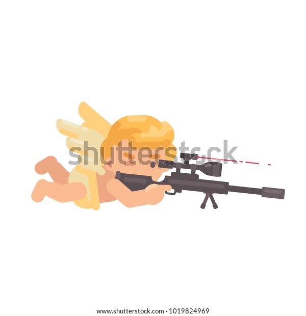 かわいいキューピッドが横になって狙撃銃を撃っていた バレンタインデーのフラットキャラクターイラスト のベクター画像素材 ロイヤリティフリー