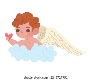 cute cupid lying on a cloud over white