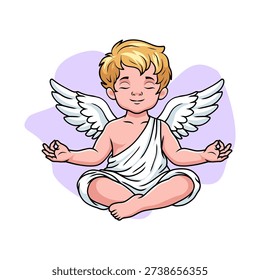 Cute Cupid Meditating in Lotus Pose Cartoon Vector Illustration