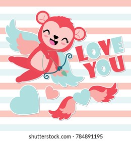 Cute cupid monkey archery heart wings vector cartoon illustration for Happy Valentine card design, postcard, and wallpaper