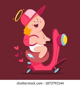 Cute cupid moped delivery cartoon vector character isolated on background.