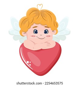 Cupido en el gran corazón. Sueño cupido en amor. Feliz ilustración de San Valentín.