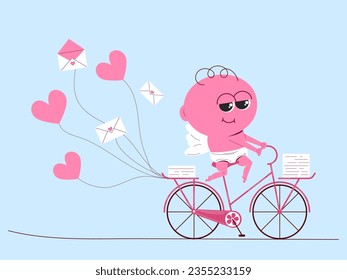 Cute cupid on a bike delivers valentines. Cheerful angel character in flat style. Vector retro illustration.
