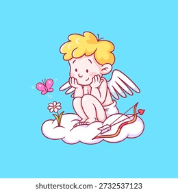 Süße Amor auf einer Wolke mit einer Blume und einem Schmetterling. Lustiger Charakter für Grußkarte, Banner, Poster, Webdesign. Flacher Cartoon-Stil. Vektorgrafik.