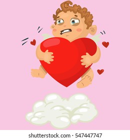 Cute cupid on the cloud with red heart. Valentine's Day vector illustration