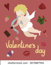Cute cupid in pants with bow and arrow. Design for card or flyer for Saint Valentine's Day. Lettering Valentine's day. Vector cartoon illustration.