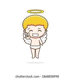 Cute cupid peace finger. Vector illustration of chibi character isolated on white background.