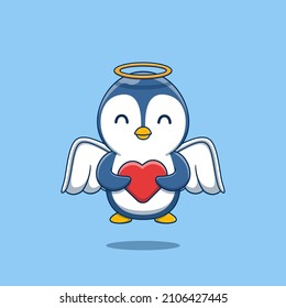 Cute cupid penguin holding love heart