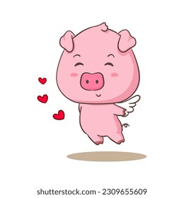 Cute cupid pig cartoon character flying. Adorable animal concept design. Isolated white background. Vector art illustration.