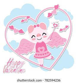 Cute cupid pig fly on the sky with heart magic wand vector cartoon illustration for Happy Valentine card design, postcard, and wallpaper