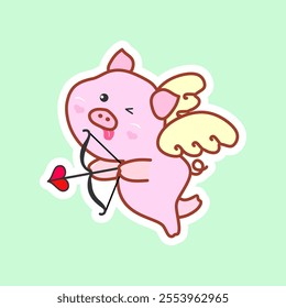 Cute cupid pig. Sweet little angel pig with wings holds a bow and arrow in the shape of a heart. Valentine's Day card, sticker