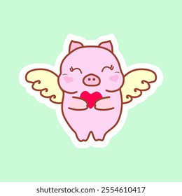 Cute cupid pig. Sweet little angel piglet with wings and a heart. Postcard, sticker for Valentine's Day