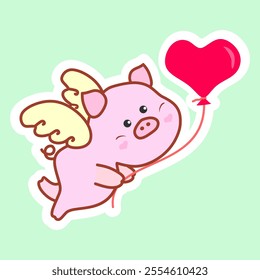 Cute cupid pig. Sweet little angel piglet with wings and a heart-shaped balloon. Postcard, sticker for Valentine's Day