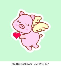 Cute cupid pig. Sweet little angel piglet with wings and a heart. Postcard, sticker for Valentine's Day