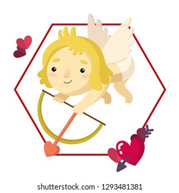 Cute Cupid with pink, red and purple hearts in geometrical frame