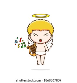 Cute cupid playing harp. Vector illustration of chibi character isolated on white background.
