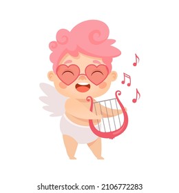 Cute cupid playing the harp. Vector cartoon character for Valentine's day