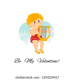 Cute cupid  playing music on the lyre. Valentine's Day illustration isolated vector cartoon amur character with angel wings on white background.