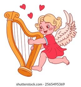 Cute cupid plays on golden harp. Cherub with blonde curly hair and pink dress. Happy Valentine's day doodle character. Amour Baby Angel. Eros or mythological character with wings. Vector illustration.