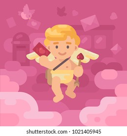 Cute cupid postman delivering a lov letter with envelopes, hearts and presents falling all around. Valentines day greeting card flat illustration