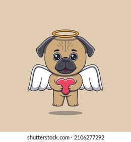 Cute cupid pug dog holding love heart