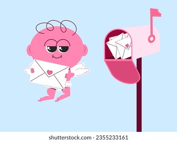Cute cupid puts a love letter in the mailbox. Saint Valentine's Day. Cute angel character. Vector illustration in a flat style.